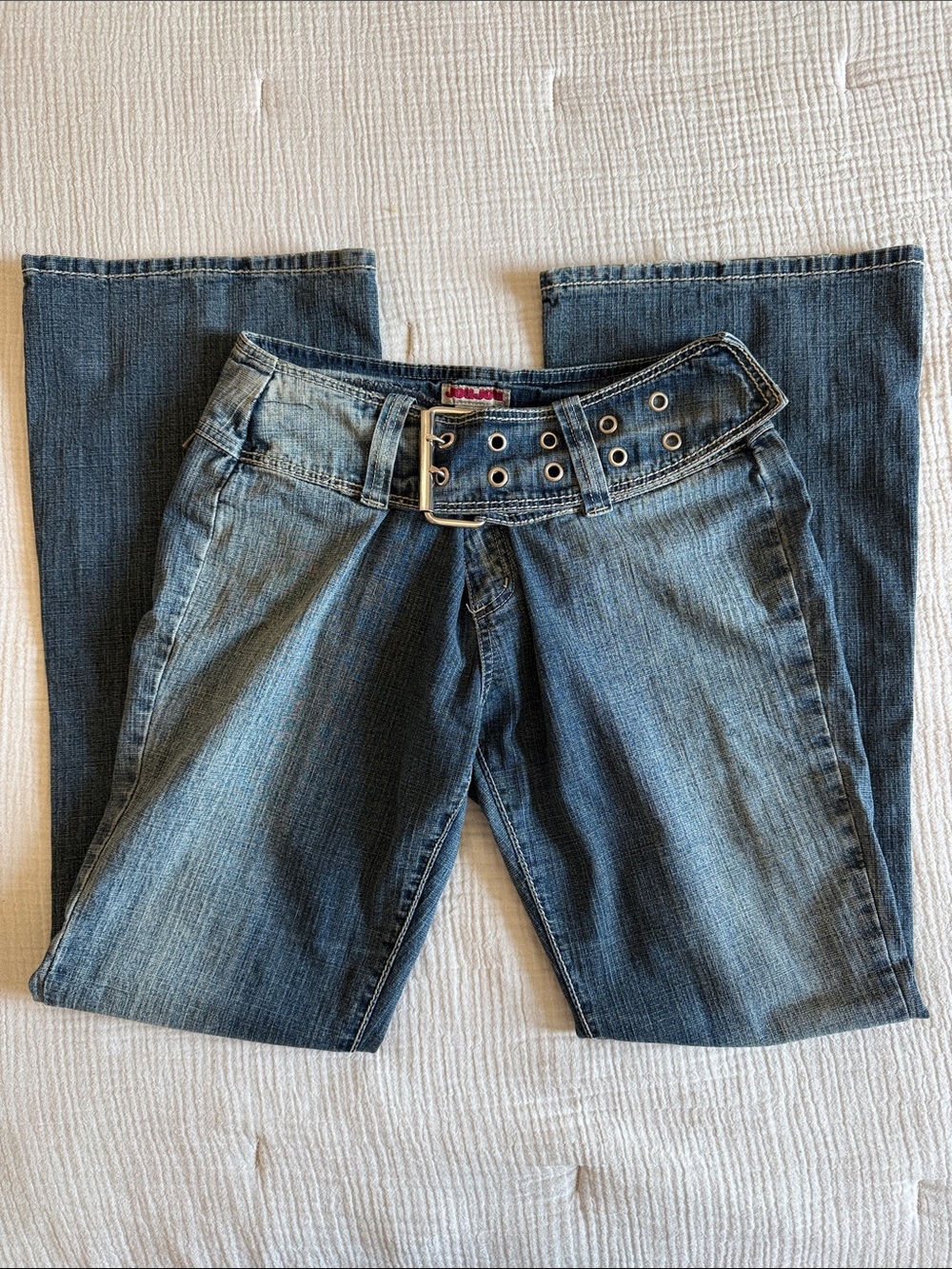 Jou Jou Medium Blue Boot-Cut Jeans with Grommet Belt